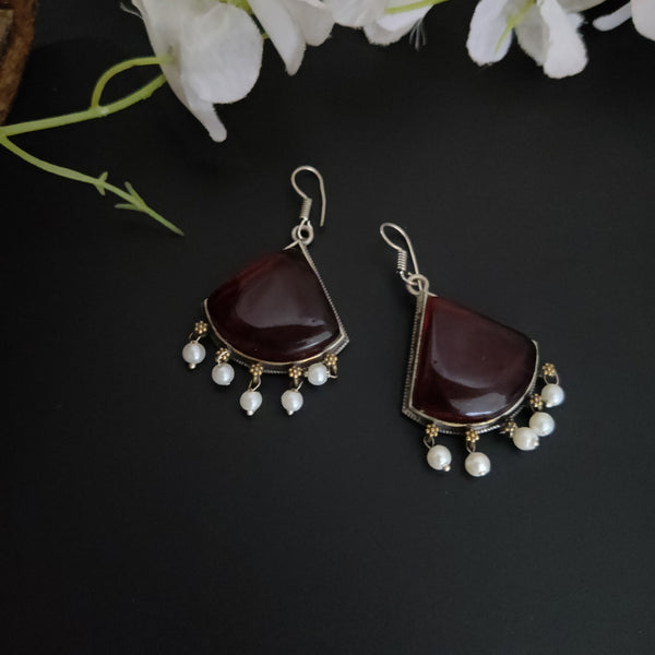 Silver Replica Earrings With Maroon Monalisa Stone