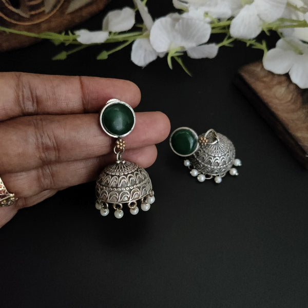 "Bijal" Silver Plated Green Stone Jhumka