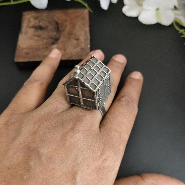 Adjustable Oxidized Silver Brass  House Ring