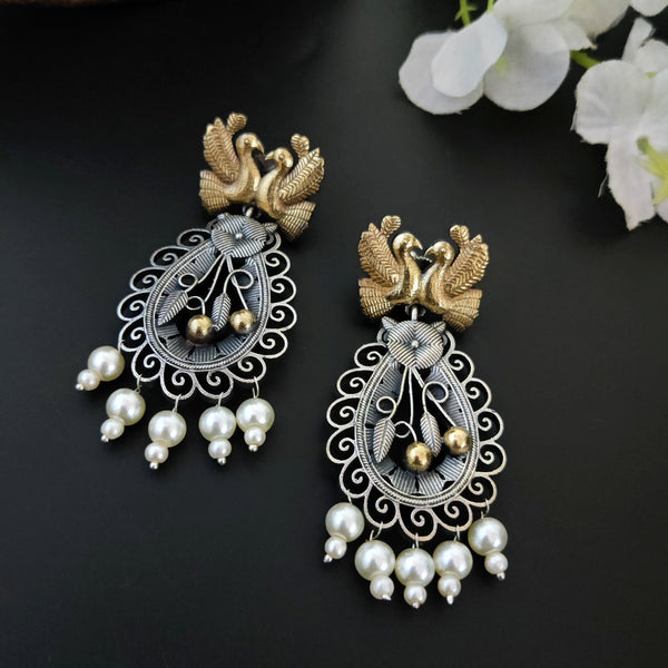 "Harvi Oxidized Dual tone Bird  Earrings
