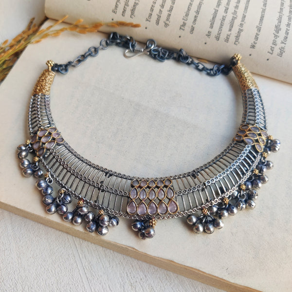 "Kinnari" Silver Look Alike Oxidised Hasli Necklace