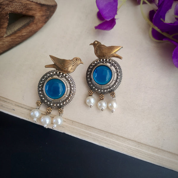 "Blue Stone Chidiya" Silver Look Alike Dual tone Earrings