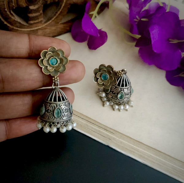 "Sarika" Silver Look Alike Dual tone Oxidized Jhumka