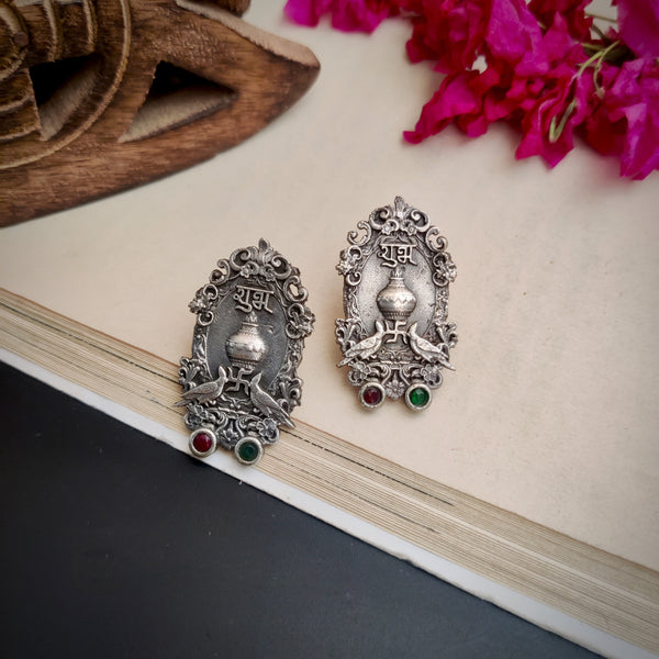 "Shubh Labh" Silver Look Alike Oxidized Studs