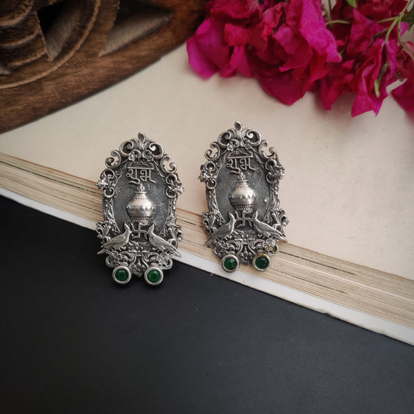 "Shubh Labh" Silver Look Alike Oxidized Studs