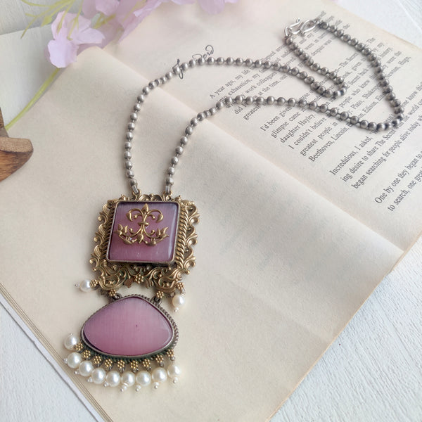 Suare Pendant 2 tone Oxidised Long Necklace