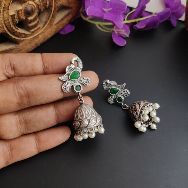 Oxidized Silver Polish peacock Jhumka