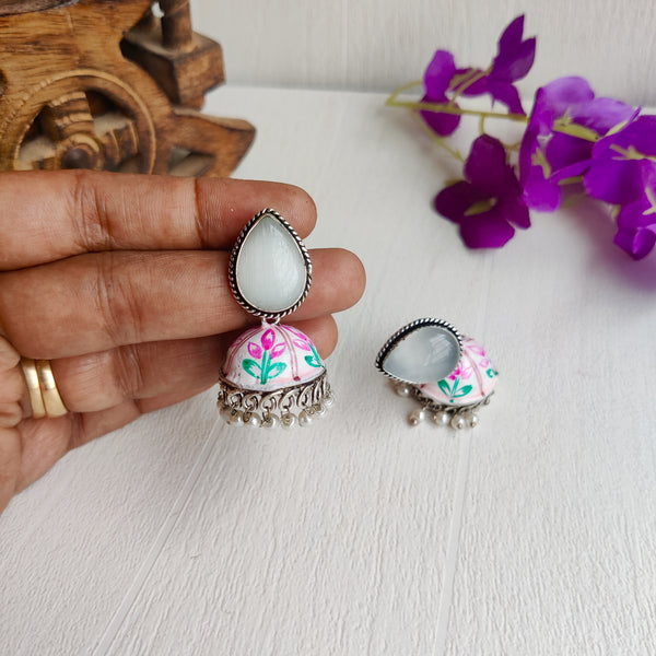 "Kalki" Silver Look Alike Monalisa stone stud with Hand painted Jhumka