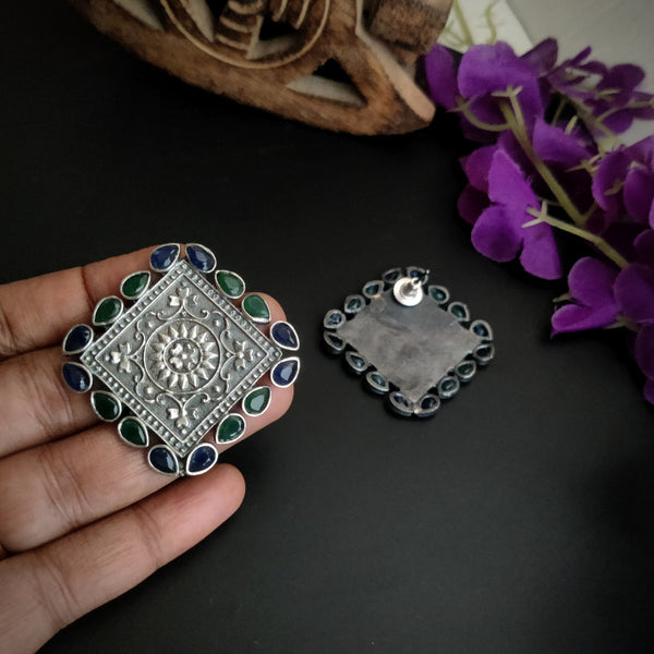 Silver Plated Tribal Style Square Shape Design Oxidized Stud