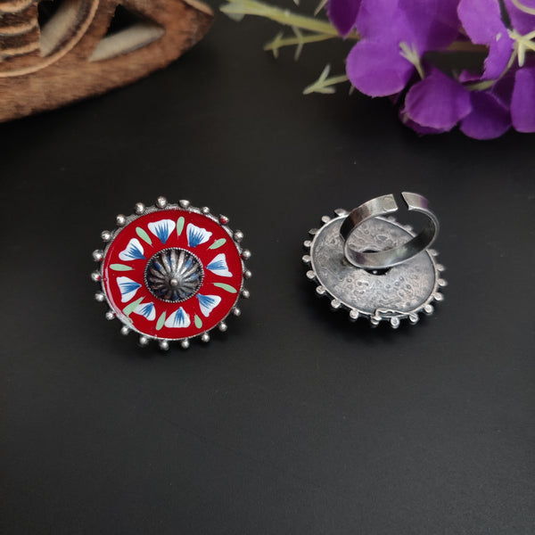 Hand Painted Adjustable Oxidized Silver Brass Rings