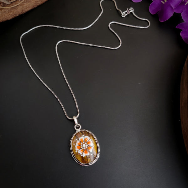 “Flora” Semi precious Stone Hand painted Pedant and Chain