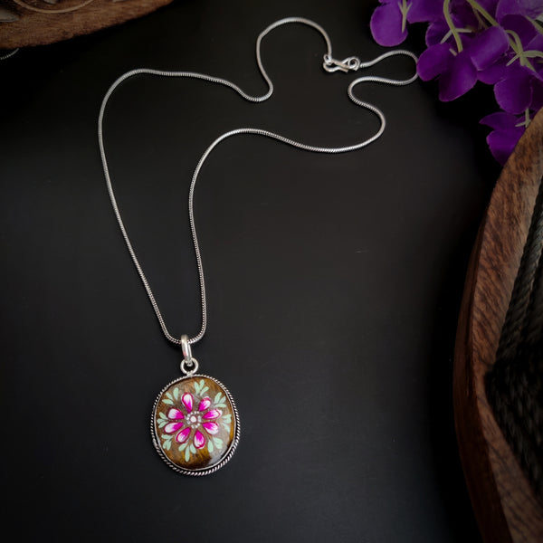 “Flora” Semi precious Stone Hand painted Pedant and Chain
