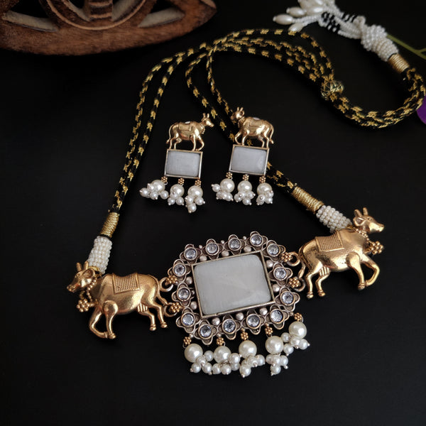 Cow" Silver Look Alike Oxidised Dual tone necklace set