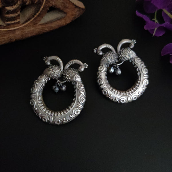 Oxidized Silver Antique Finish Peacock Shaped Chandbalis Earrings