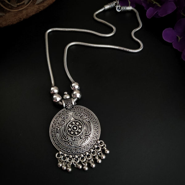 Round Motif Silver Oxidised Handcrafted Tribal Pendant Necklace