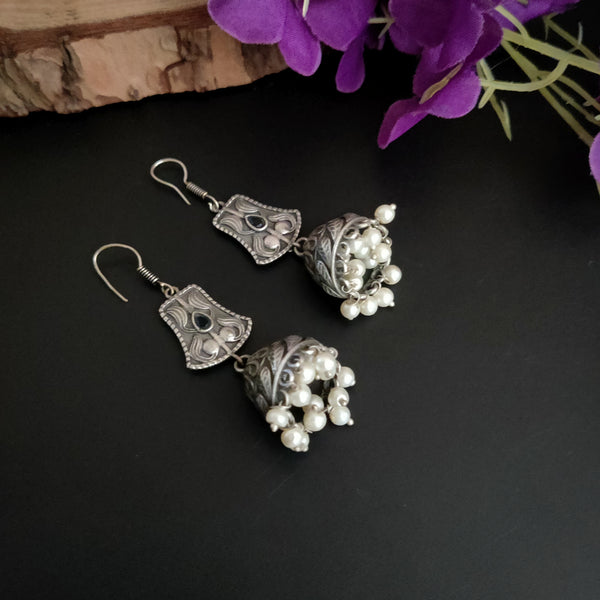 "Abhiyanshi" Silver Look Alike Oxidised Hook Jhumka Earrings