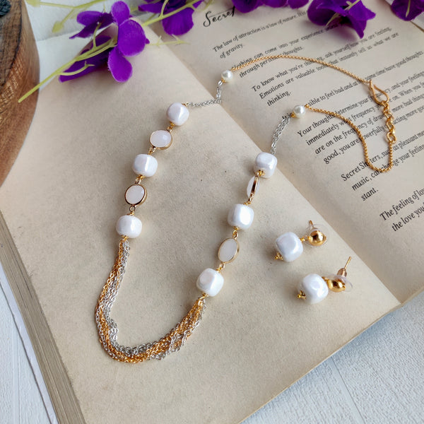 White Beaded Gold Plated Necklace Set