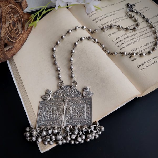 Handmade Oxidised Silver-Plated long chain Pendant
