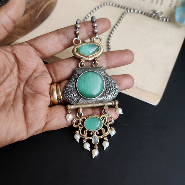"Nayana" Silver Oxidised Long Necklace in Dual Tone Polish