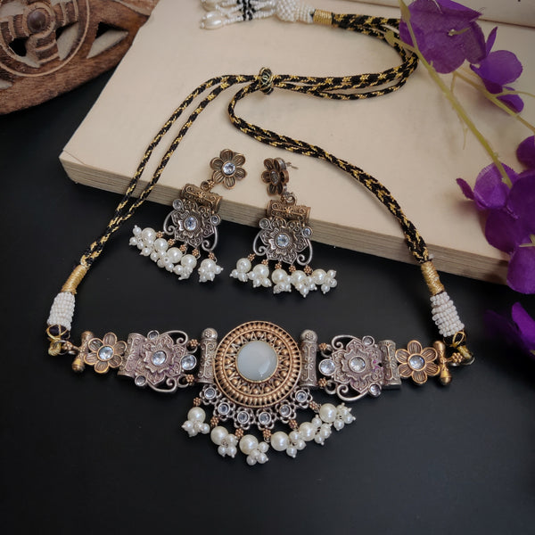 "Karishma" Silver Look Alike Oxidised Dual tone necklace
