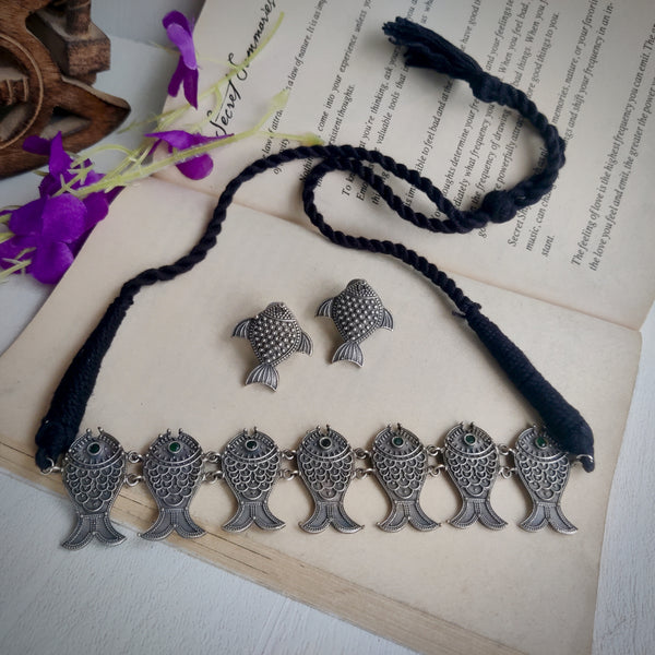 “Fish” Silver Lookalike Brass Oxidized Choker set