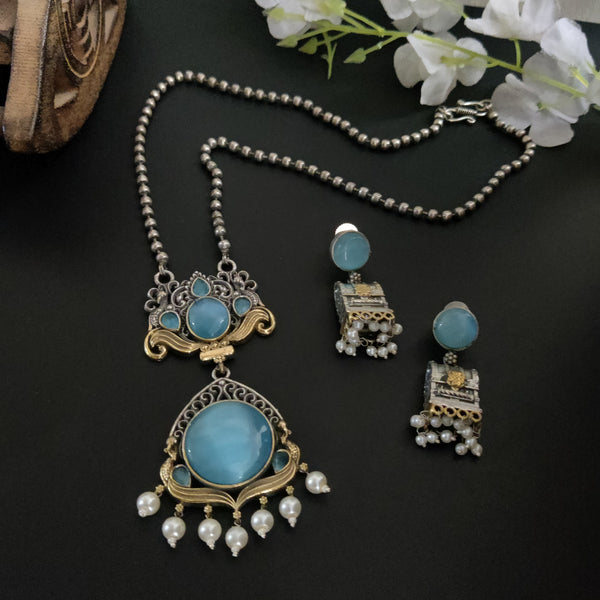 Ratna Silver Oxidised Handcrafted Dual Tone long Necklace Set