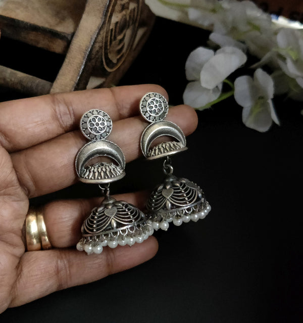 "Abhiyanshi" Silver Look Alike Oxidised Jhumka Earrings