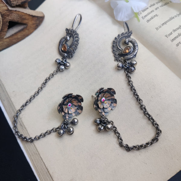 Peacock Silver Look Alike Oxidised Hand painted Earcuffs