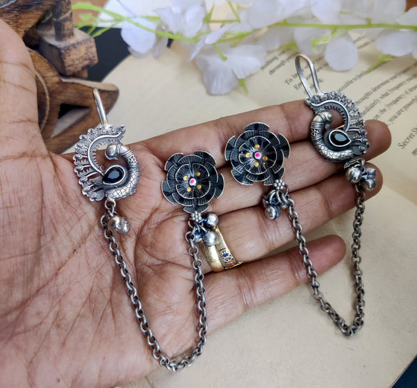 Peacock Silver Look Alike Oxidised Hand painted Earcuff