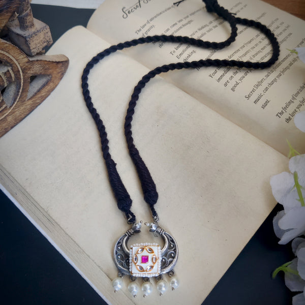 Antique Silver plated tassel necklace with kundan and meena work