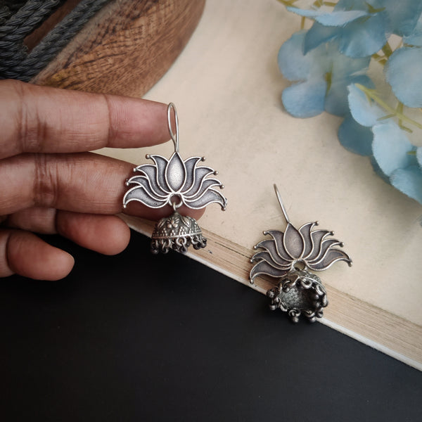 Lotus Silver Look Alike Oxidised Jhumka