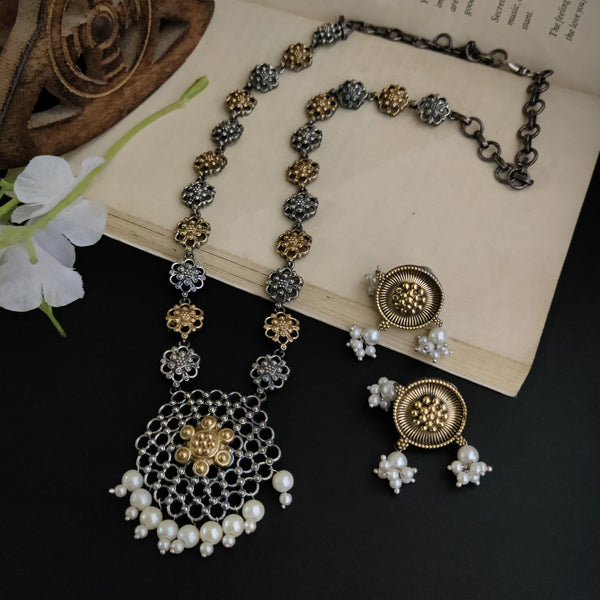 Silver plated Floral  Oxidized Dual tone  long Necklace