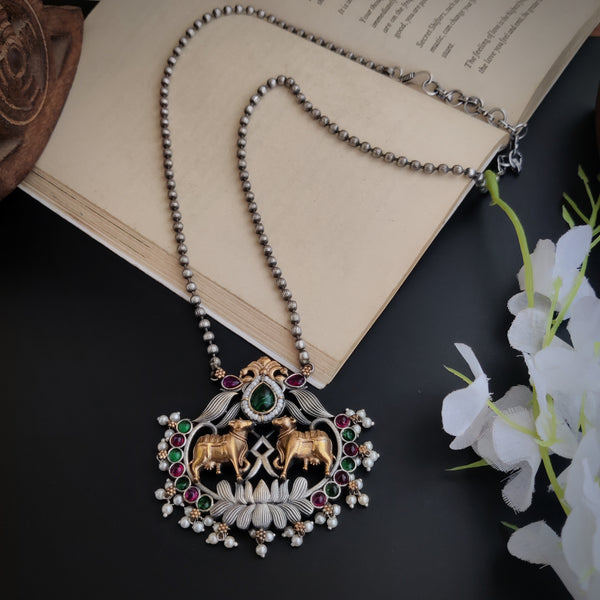 "Cow" Dual Tone oxidized long Necklace