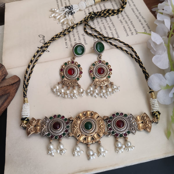 “Aashiya” Silver Look Alike Dual Tone Necklace Set