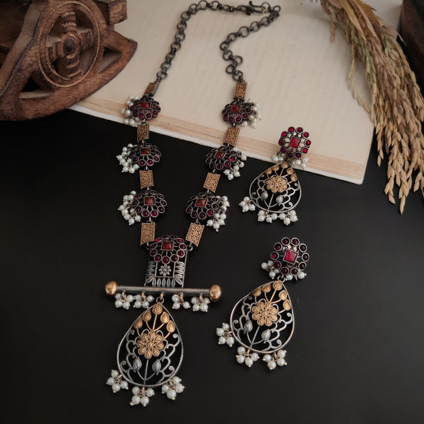 "Samara" Dual tone with pearl  beads Necklace set