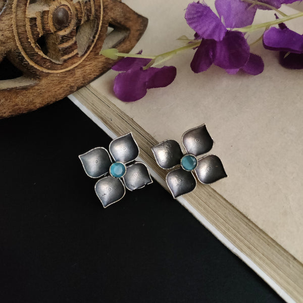 Silver Plated Tribal Style Square Shape Petal Design Oxidized Stud