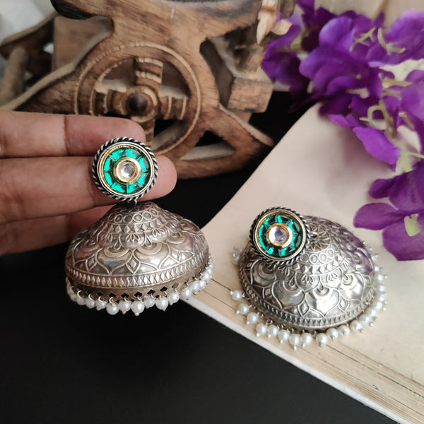 "Viha"- Silver Look Alike Oxidized Brass Jhumka