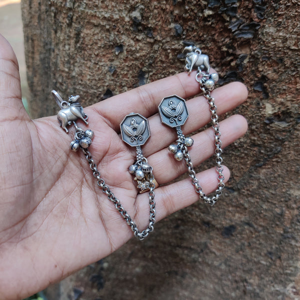 Cow motif Silver Plated Oxidized Kaanchain Earrings